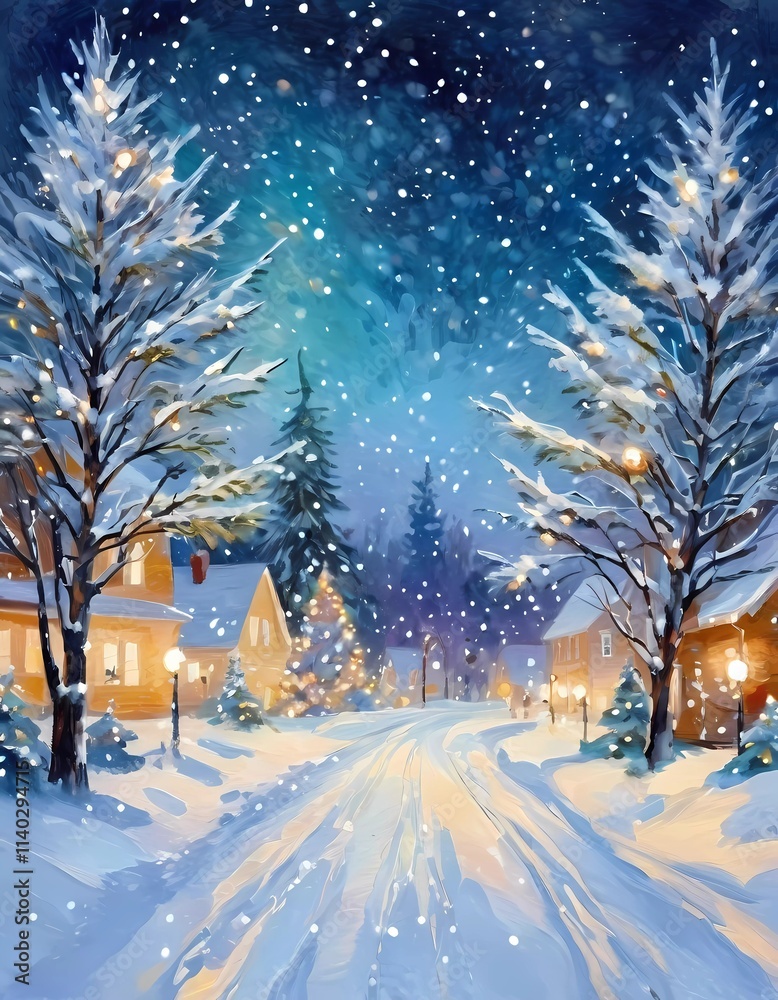 In a tranquil snowy night, soft bokeh Christmas lights adorn fir branches amid a picturesque landscape. Cozy homes are visible, radiating warmth and festivity in the winter wonderland. Generative AI In a tranquil snowy night, soft bokeh Christmas lights adorn fir branches amid a picturesque landscape. Cozy homes are visible, radiating warmth and festivity in the winter wonderland. Generative AI