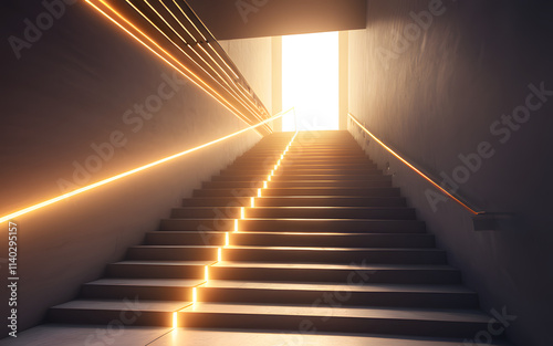 A glowing staircase, ascending toward a distant radiant light source in an abstract space photo