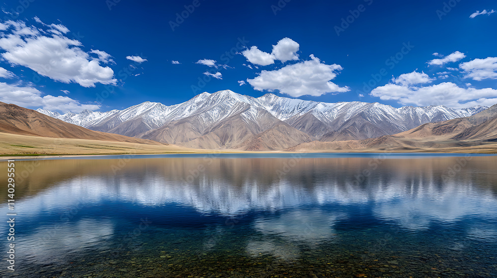 Fototapeta premium Majestic snow-capped mountains under a bright blue sky dotted with white clouds, a calm lake in the foreground, bright colors and deep contrasts emphasize the untouched wilderness.