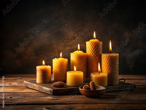 Burning Beeswax Candles, Dark Wooden Table, Black Background Food Photography photo