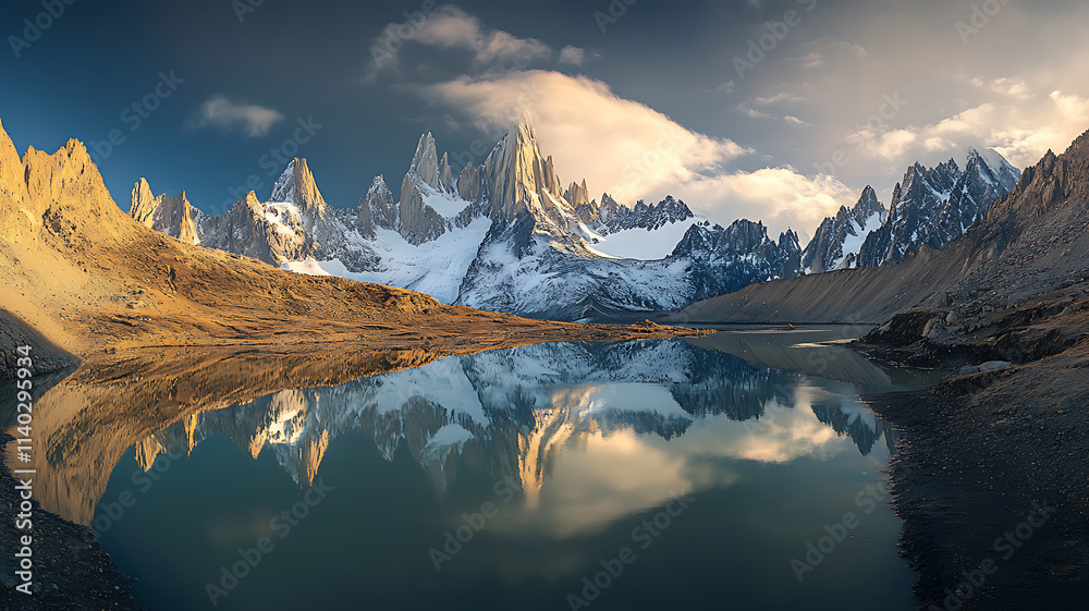 A stunning view of distant snow-capped peaks under soft clouds, the glassy surface of a huge lake capturing their mirror image, the calm and serene atmosphere of wildlife. A stunning view of distant snow-capped peaks under soft clouds, the glassy surface of a huge lake capturing their mirror image, the calm and serene atmosphere of wildlife.