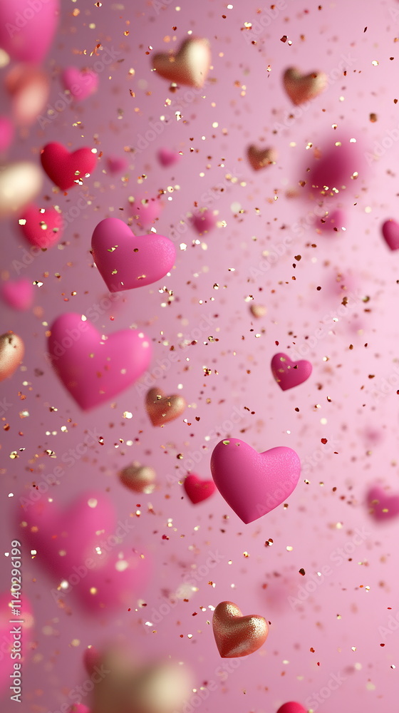 Soft pink Valentine's Day vertical background for greeting cards, wedding invitation, with scattered red and pink hearts of varying sizes, creating a romantic dreamy atmosphere with ample copy space Soft pink Valentine's Day vertical background for greeting cards, wedding invitation, with scattered red and pink hearts of varying sizes, creating a romantic dreamy atmosphere with ample copy space