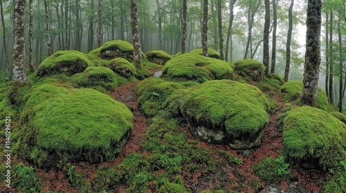 Lush mossy rocks in a misty forest. photo