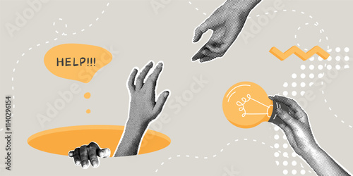 Fashionable halftone collage. Concept of success, life stability, asking for help, helping hand, idea of how to overcome adversity. The hand pulls out of the pit of failure and gives an idea how to