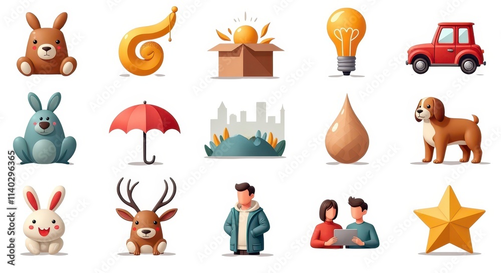 Colorful Cartoon Icon Set Collection Featuring Animals, Objects, and People in a Whimsical Illustration Style Colorful Cartoon Icon Set Collection Featuring Animals, Objects, and People in a Whimsical Illustration Style