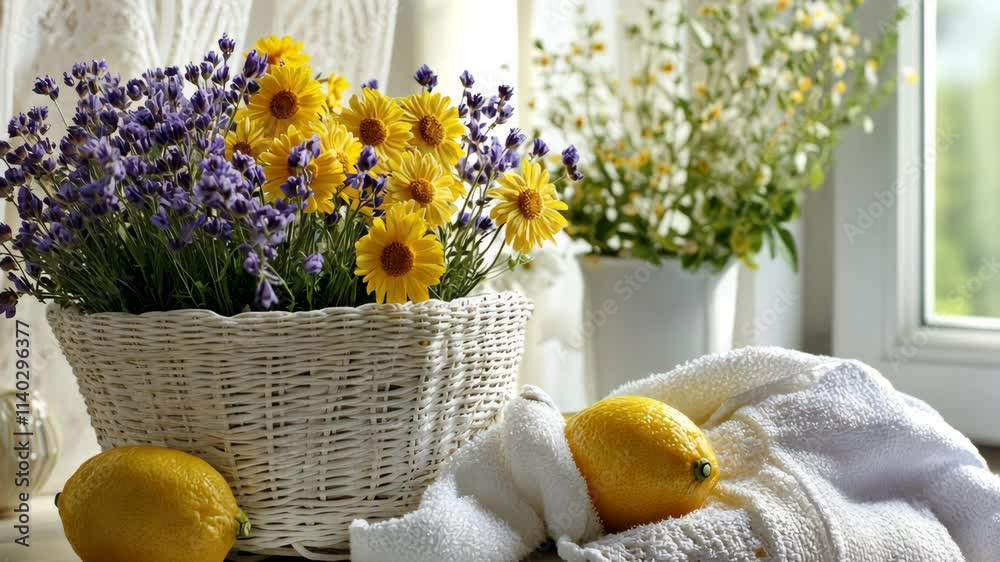 Bright yellow flowers and fresh lemons create a cheerful kitchen centerpiece in a sunlit room
