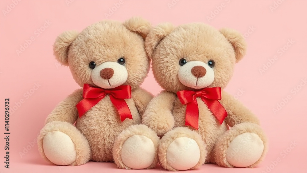Teddy Bears: A pair of soft, cuddly teddy bears sitting closely together, one in a warm beige tone and the other in a light brown, both adorned with small red bows Teddy Bears: A pair of soft, cuddly teddy bears sitting closely together, one in a warm beige tone and the other in a light brown, both adorned with small red bows