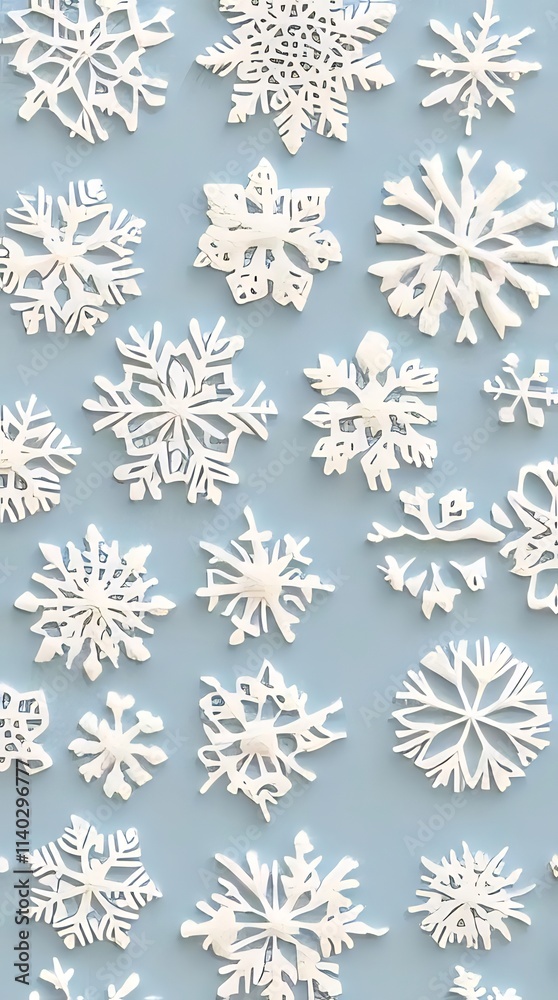 Assorted white snowflakes on light blue background. Assorted white snowflakes on light blue background.