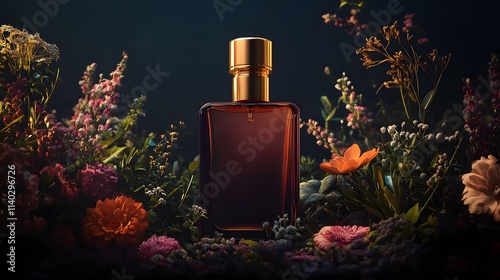 A brown glass bottle with a golden cap, filled with essential oil and surrounded by flowers and plants on the right side of the image