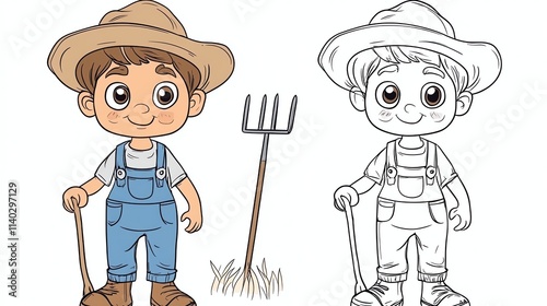 A cute cartoon farmer holding a pitchfork. photo