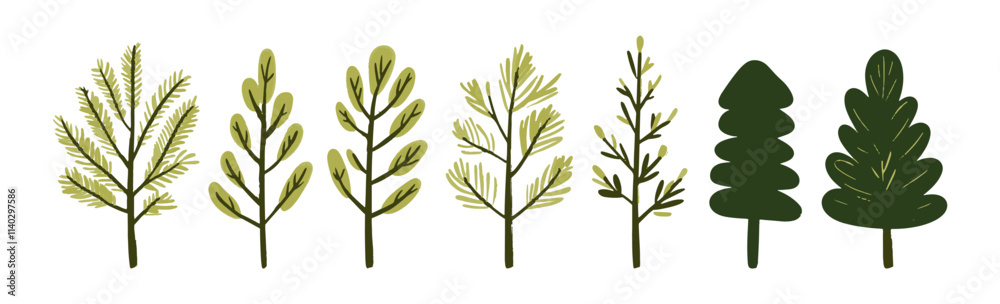 Set of tree and leaf collection hand drawn flat design vector element. botanical set of bare trees and ones with leaves and lush green Set of tree and leaf collection hand drawn flat design vector element. botanical set of bare trees and ones with leaves and lush green
