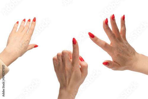 Closeup of female hand with pale skin and red nails pointing or touching. photo