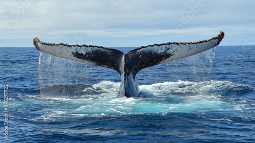 AI generator image of orca wales, blue whale jumping out of sea surface, in a crystal clear water glacier