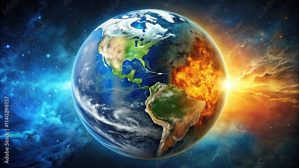 Silhouette of divided Earth with contrasting ideologies and nuclear devastation Silhouette of divided Earth with contrasting ideologies and nuclear devastation
