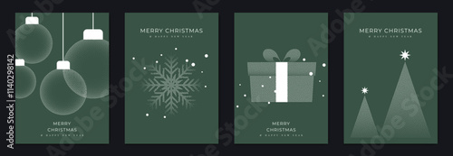 Merry Christmas and Happy New Year greeting card vector set. Luxury invitation with Christmas tree, snowman, bauble, spot texture on navy blue background. Design illustration for season's card, ads.