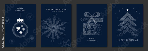 Merry Christmas and Happy New Year greeting card vector set. Luxury invitation with Christmas tree, snowman, bauble, spot texture on navy blue background. Design illustration for season's card, ads.