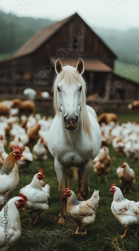 AI generator image of Farmer feeding dairy horses on farm,horses and chickens on the farm, a real photograph, high-definition photography, professional color grading, natural lighting, green grass