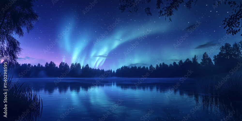 Northern lights aurora borealis in the night sky over beautiful lake landscape. Northern lights aurora borealis over beautiful lake landscape Northern lights aurora borealis in the night sky over beautiful lake landscape. Northern lights aurora borealis over beautiful lake landscape