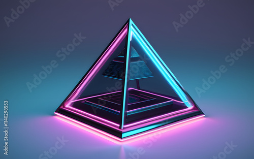 A floating D pyramid, glowing faintly with metallic edges and neon accents photo