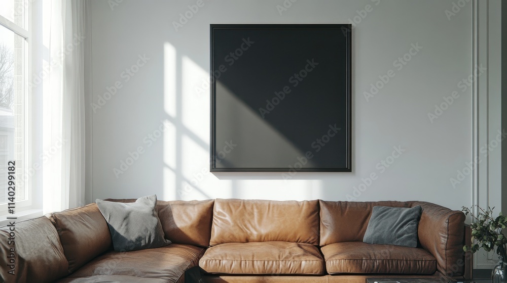 Fototapeta premium Blank black art frame above brown leather sofa in modern interior.