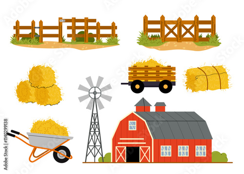 Farm. Farm building and equipment. Set of flat illustrations of hay, trailer, barn with windmill, wooden fence.