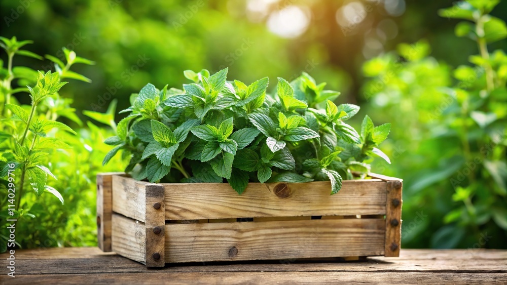Silhouette of freshly picked wild corn field mint in a wooden box, fragrant harvest of Mentha arvensis Silhouette of freshly picked wild corn field mint in a wooden box, fragrant harvest of Mentha arvensis