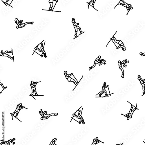 winter sport ski snow jump vector seamless pattern thin line illustration