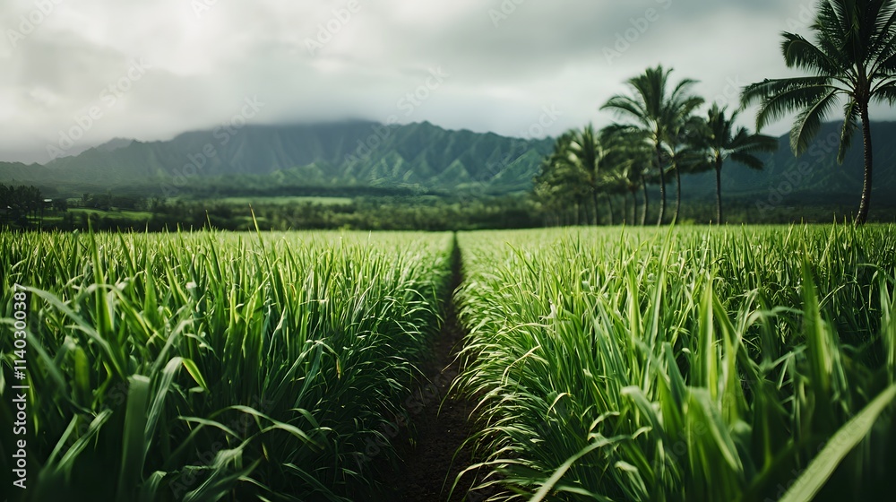 A photograph of an endless sugarcane field in the Hawaiian Islands, with mountains and palm trees visible in the background A photograph of an endless sugarcane field in the Hawaiian Islands, with mountains and palm trees visible in the background
