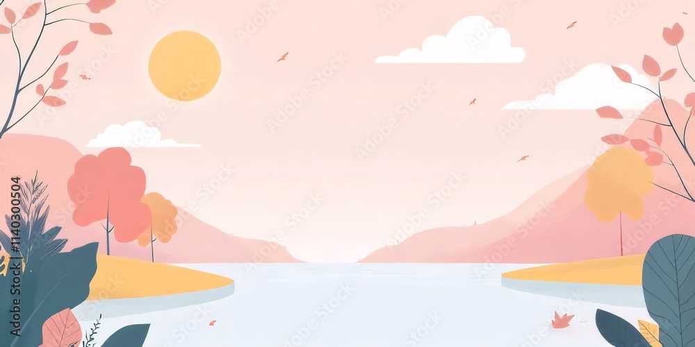Serene autumn landscape with lake, trees, and falling leaves under a soft sun. Serene autumn landscape with lake, trees, and falling leaves under a soft sun.