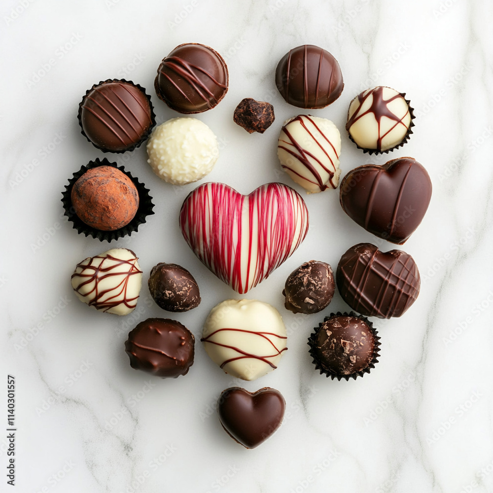 Delightful assortment of artisan chocolates in heart shape display Delightful assortment of artisan chocolates in heart shape display