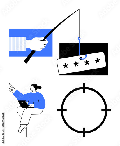Man with a laptop pointing at a phishing password icon and target symbol. Ideal for cybersecurity, online safety, digital threats, phishing awareness, data protection, hacking prevention. Line