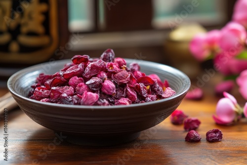 Dried schisandra fruit infused in tea photo