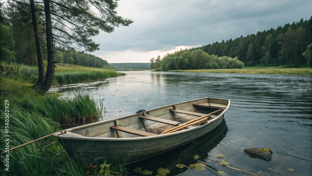 A rowboat floating on a river A rowboat floating on a river