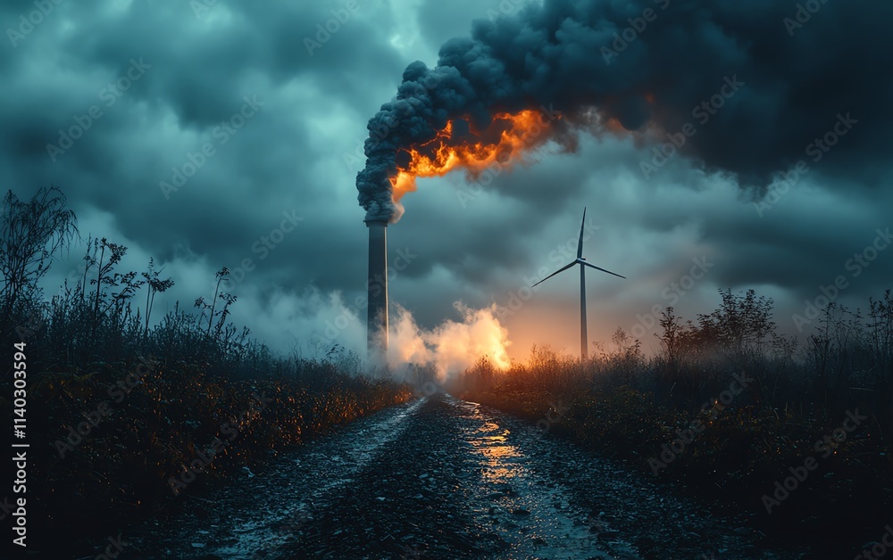 Fototapeta premium Conceptual image of a giant coal stack turning into a wind turbine midtransformation