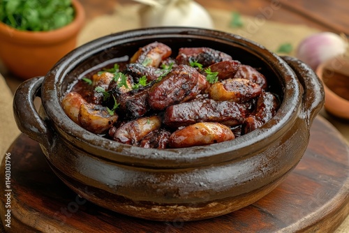 Earthenware pot blood sausage soup photo