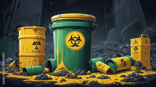 Hazardous waste management for toxic radioactive materials outline concept. Safe underground disposal and chemical trash barrel storage as responsible and sustainable service
