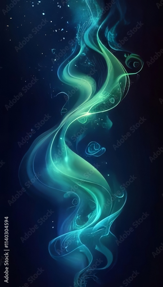 Abstract swirling teal and green luminous smoke on dark background. Abstract swirling teal and green luminous smoke on dark background.