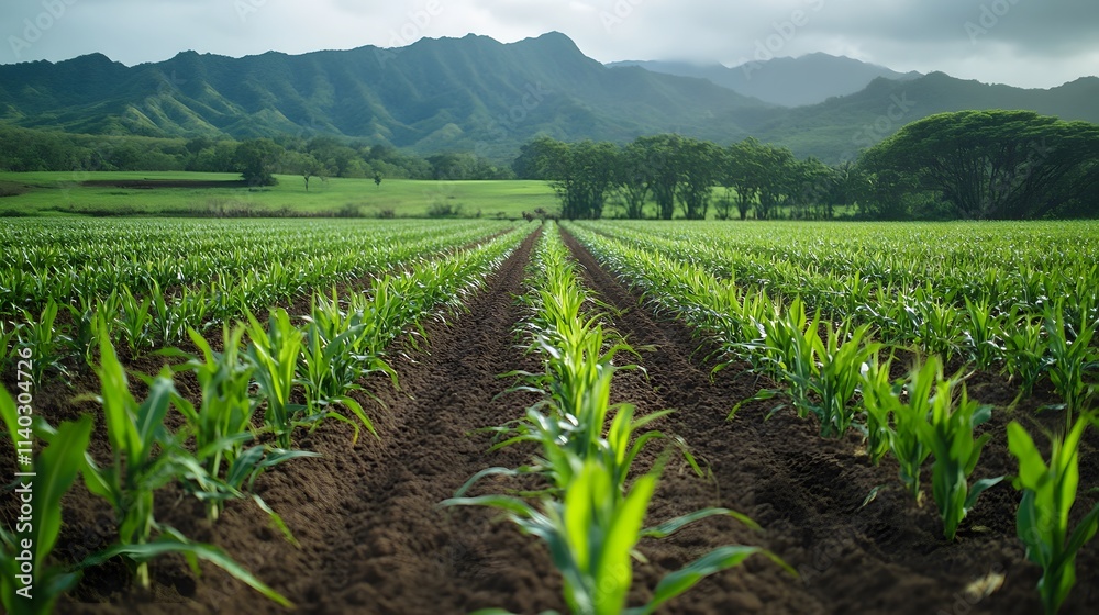A photograph of an endless sugarcane field in the Hawaiian Islands, with mountains and palm trees visible in the background A photograph of an endless sugarcane field in the Hawaiian Islands, with mountains and palm trees visible in the background
