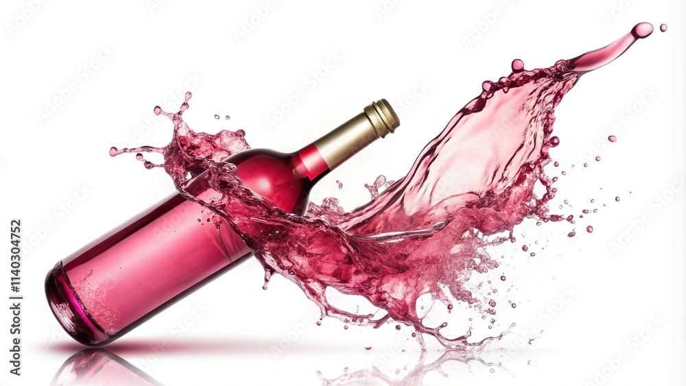 Fototapeta premium Silhouette of pink wine bottle breaking and splashing on white background