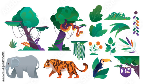 Colorful Jungle Elements and Wildlife Illustration
