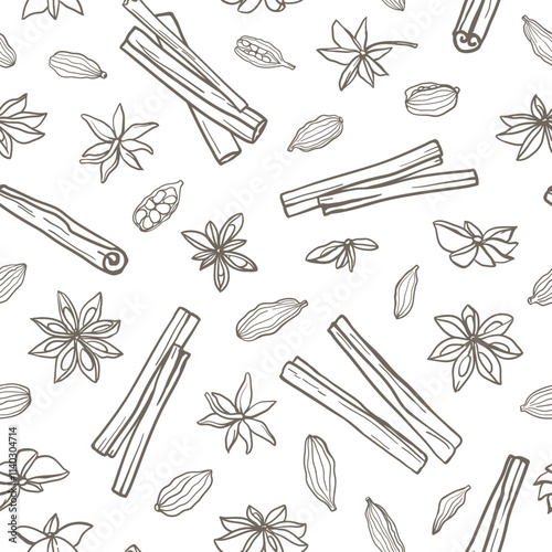 Hand drawn monochrome cinnamon, star anise and cardamom seamless pattern