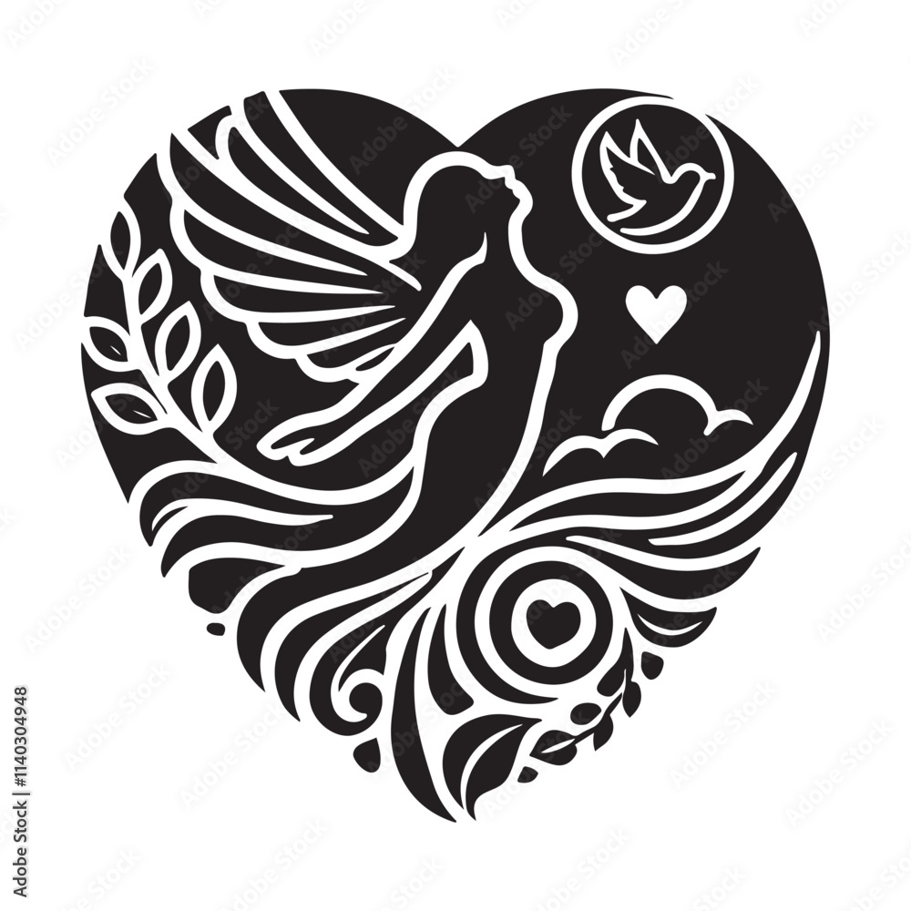Fototapeta premium Black Color Valentines Day Silhouette Vector Illustration, Solid White Background.