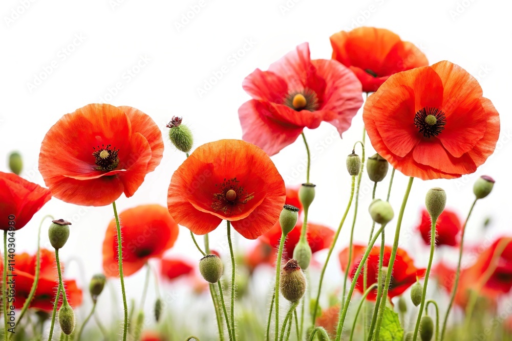Obraz premium Silhouette of poppy flowers on white background, red poppies