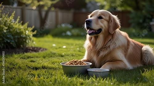 Golden Retriever with a Meal: A golden retriever sits on a soft patch of grass, savoring a bowl of kibble. Birds chirp nearby, and the dog's eyes gleam with focus as it eats, surrounded by the peacefu