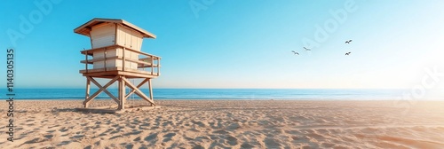 A lifeguard tower on a serene beach at sunset.