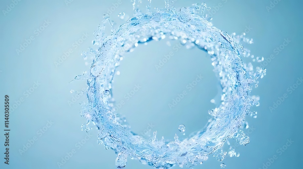 Water splash forming a circular frame against a light blue background. Water splash forming a circular frame against a light blue background.