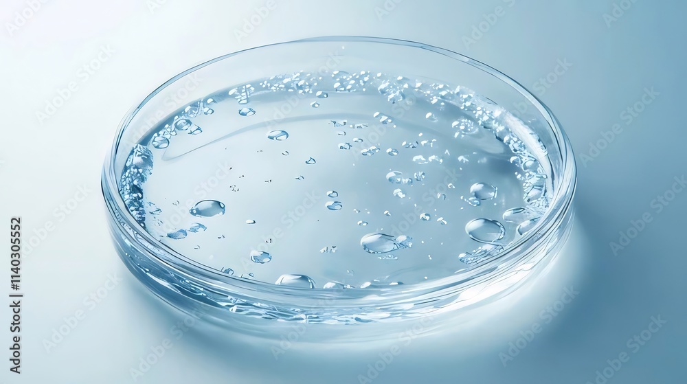 Clear liquid with bubbles in a petri dish. Clear liquid with bubbles in a petri dish.