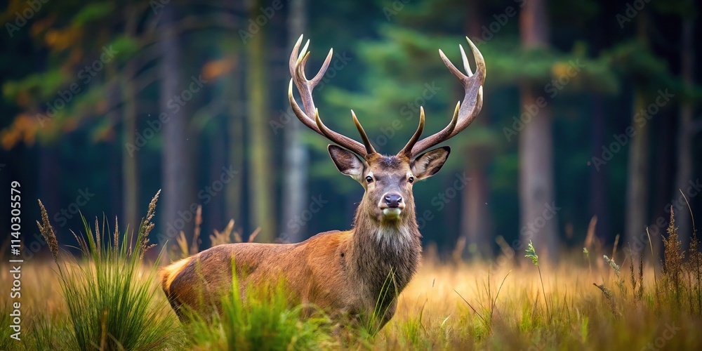 Naklejka premium Silhouette of red deer in grass against dark forest background