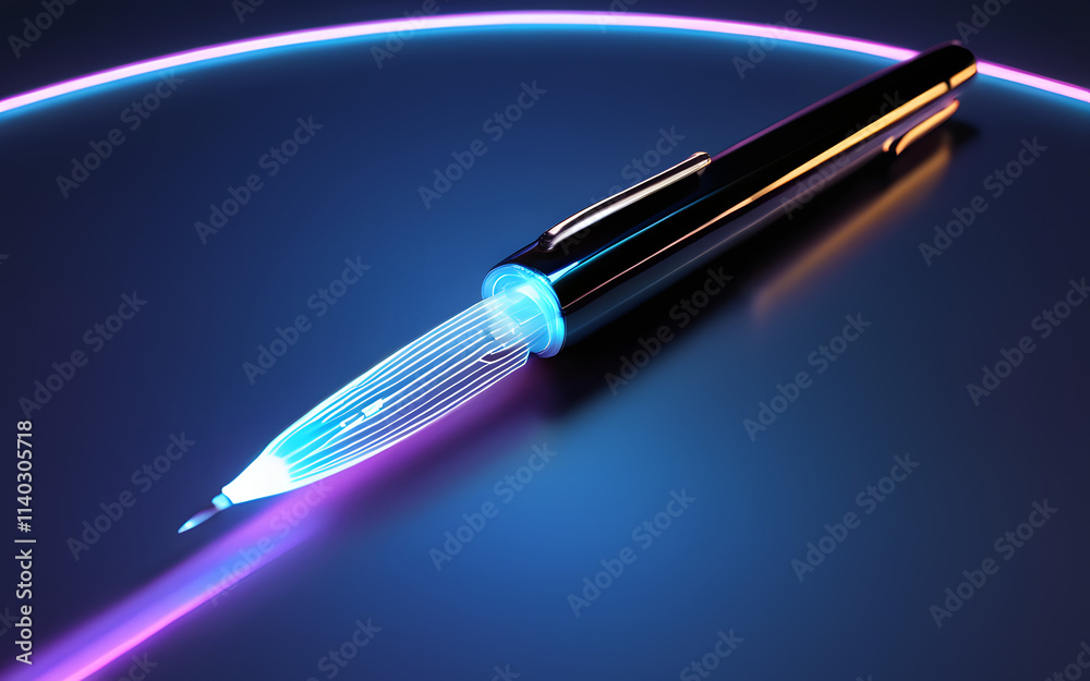 A sleek, glowing pen, radiating light trails as it writes on a holographic surface