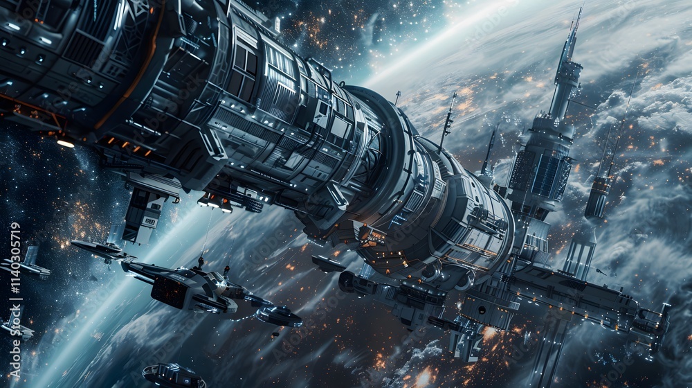 Futuristic Space Station Orbiting Planet with Starry Background Futuristic Space Station Orbiting Planet with Starry Background